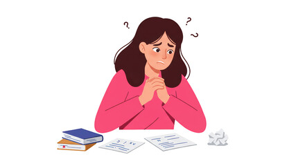 Anxious female student struggling with difficult homework and feeling confused detailed illustration featuring solving, uncertain, sad, working, exam,