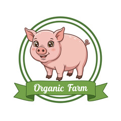 Cute cartoon piglet smiling inside a green circular logo with the words Organic Farm on a banner.