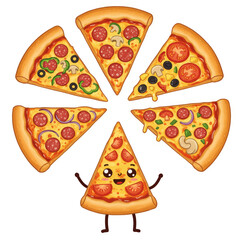 An adorable cartoon pizza slice character surrounded by different types of pizza slices with various toppings.