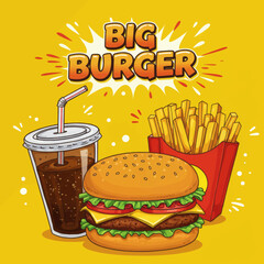 Big juicy burger combo meal with fries and soda.