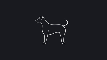 A minimalist line drawing depicts a dog standing alert against a dark background.
