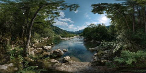 Obraz premium Serene riverbank adventure lush forest hdr panoramic view nature's beauty tranquil landscape