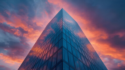 Ultra modern glass skyscraper reflecting sunset sky aerial drone shot futuristic cityscape architecture high detail