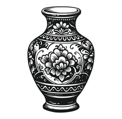 Elegant floral patterned vase illustrative black and white artwork for decorative purposes