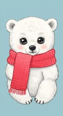 A cute polar bear cub wearing a warm red knit scarf sits against a pastel blue background, showcasing adorable, cartoonish features.