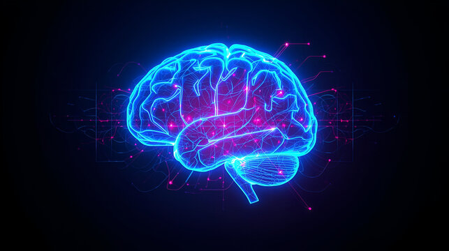 3D render glowing neon brain hologram futuristic AI technology concept isolated on black background hyper detail