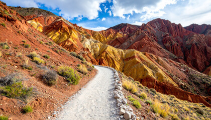 Obraz premium Scenic Winding Path Through Vibrant Red and Yellow Striped Mountains trail