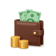 Brown leather wallet with cash and coins.