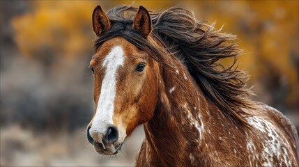 Fototapeta premium Beautiful horse with flowing mane in autumn landscape at sunset