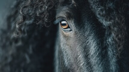 Close-up view of a curly-haired horse's eye highlighting its unique texture and expressiveness in a peaceful setting