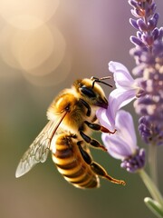 bee on a flower Extreme close-up of a honeybee collecting nectar from a blooming lavender flower