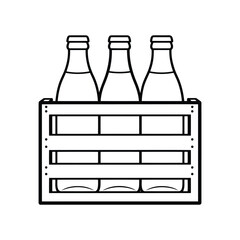 Three glass bottles in a wooden crate simple line drawing outline white background