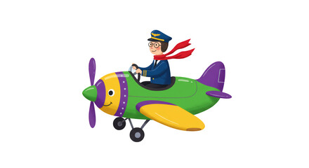 Cartoon Pilot Flying Colorful Toy Airplane detailed illustration featuring pilot, character, smiling, colorful, yellow, child concept design for