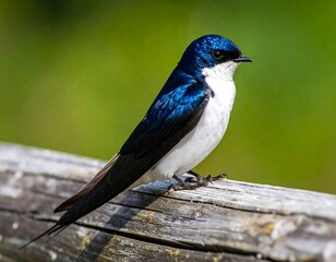 Obraz premium Elegant Tree Swallow Bird Posing on Weathered Wood Railing in Nature