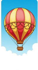 A vibrant hot air balloon soars through a clear blue sky, adorned with bold red and yellow stripes, against a backdrop of fluffy white clouds.