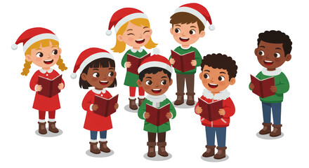 Children Singing Christmas Carols Together detailed illustration featuring winter, hair, group, holiday, white, singing concept design for modern