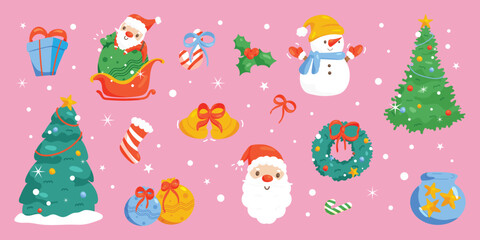 Merry Christmas element vector set. Decorative elements of christmas tree, santa, sleigh, sock, bauble ball, wreath, snowman, gift, holly, candy cane. Design for sticker, banner, card, poster, kids.