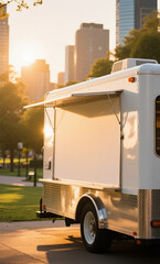 Mobile food vendor trailer with a blank side for mockup, set against a beautiful urban skyline during a golden hour sunset