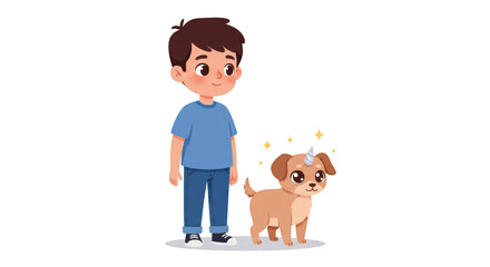 Cute Boy with His Magical Unicorn Puppy detailed illustration featuring digital, innocence, colorful, child and pet, vibrant, graphic