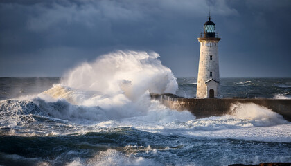 Stone Lighthouse Stands Firm Against Crashing Waves During Stormy Weather Keywords: lighthouse, storm, waves, ocean