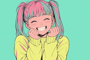 笑顔の少女、ツインテールとカラフルな髪、明るい背景イラスト