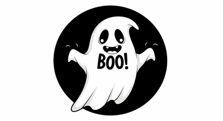 A friendly hand drawn cartoon flying ghost with a playful boo expression, a spooky character for Halloween festivities and paranormal themes