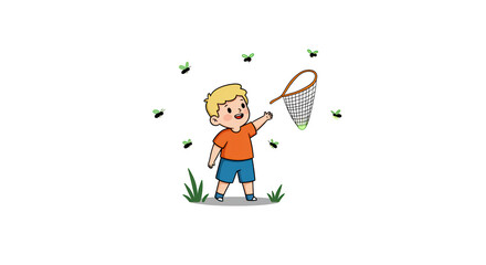 Cute cartoon boy catching fireflies with a net detailed illustration featuring drawing, human, playing, discovery, kid, exploring concept