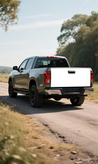 Rear view of a modern pickup truck on a country dirt road featuring a blank white tailgate for branding mockups