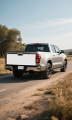 Modern silver pickup truck driving on a country road with a blank white tailgate area for a custom logo or advertising mockup design