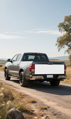 Modern gray pickup truck with a blank tailgate driving along a scenic, dusty rural road on a bright day, emphasizing outdoor adventure and versatile transport