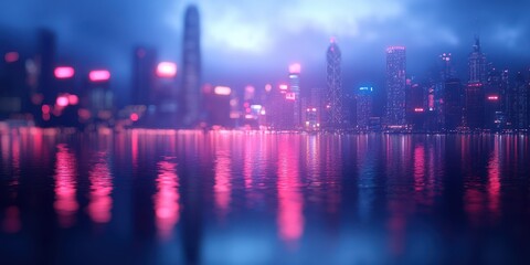 Obraz premium Vibrant city skyline at night reflecting colorful lights on water surface