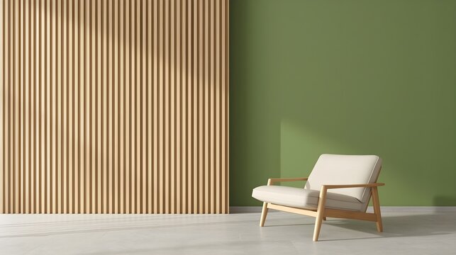 Minimalist living room featuring a cozy beige lounge chair, vertical wood slat wall design, green accent wall- 3D rendering.