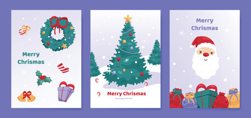 Christmas and Happy holiday greeting card vector set. Elegant wallpaper with christmas tree, wreath, santa, gift, bauble. Holidays design illustration for cover, print, poster, Happy New Year, ads.