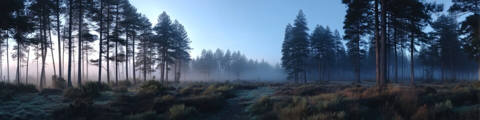 Fototapeta premium Misty forest panorama in hdr nature environment
