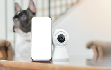 Mini CCTV camera and mobile phone with blank screen setting on wooden table