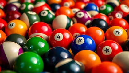 Close-up of vibrant, multicolored billiard balls arranged in a chaotic yet aesthetically pleasing pattern,   bright colors,  design