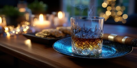 Warm light from candles illuminates a glass of whiskey and snacks on a wooden table during an evening gathering
