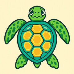 Charming and friendly sea turtle illustration with a vibrant patterned shell. A cute cartoon marine animal character design isolated on a light background