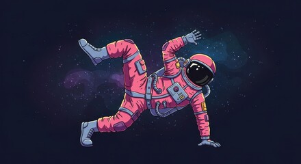 Fototapeta premium A stylized astronaut, clad in a vibrant pink spacesuit, performs a captivating break dance move amidst the vastness of space.