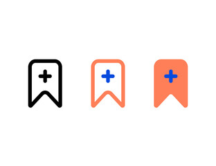 Three stylized bookmark icons with plus symbols in black orange and blue