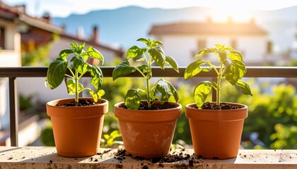Sunlit basil plants in pots arranged on a balcony against a blurred background