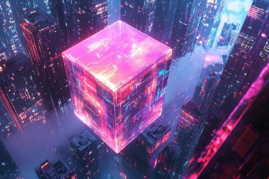 A metallic glass-morphism prism glows in iridescent hues, floating over a surreal cyberpunk cityscape