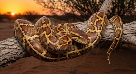 African Rock Python Coiled on Branch Against Sunset Glow in the Savanna