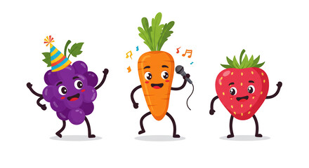 Obraz premium Happy Cartoon Fruits and Vegetables Celebrating Together detailed illustration featuring funny, food, flat, playful, vector, minimalist concept design