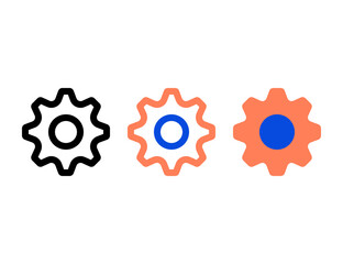 Three stylized gear icons in black coral and blue color variations