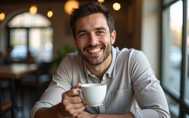 Portrait of cheerful man sitting in cafe with cup of fresh morning coffee in his hand. High quality