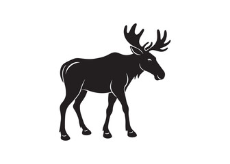 Large moose silhouette with detailed antlers standing forward isolated on white background.
