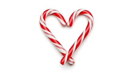 Two red and white striped Christmas candy canes forming a heart shape, a festive holiday sweet isolated on a white background