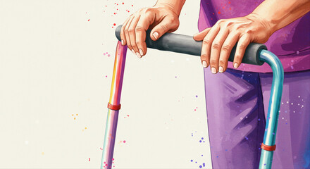 Hands gripping a colorful walker while wearing purple clothing,  hands resting on walking frame