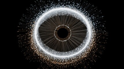 Abstract glowing circular pattern with dynamic light trails and radiant particles on a dark background for visual design concepts